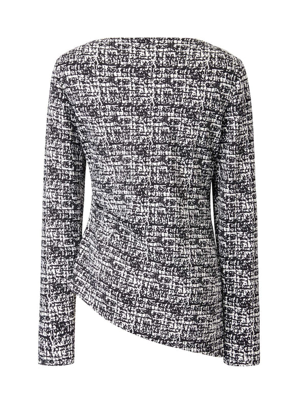 Ink-Print Round Neck Waist-Defining Long-Sleeve Blouse