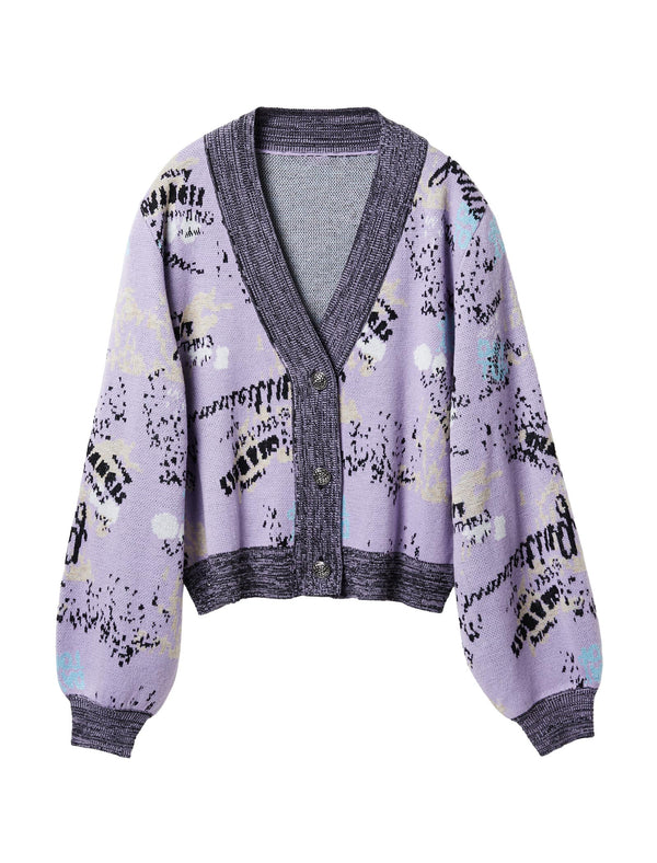 Jacquard Contrast Trim Wool-Blend Cardigan