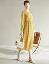 Mustard Yellow Floral Pleated Midi Dress