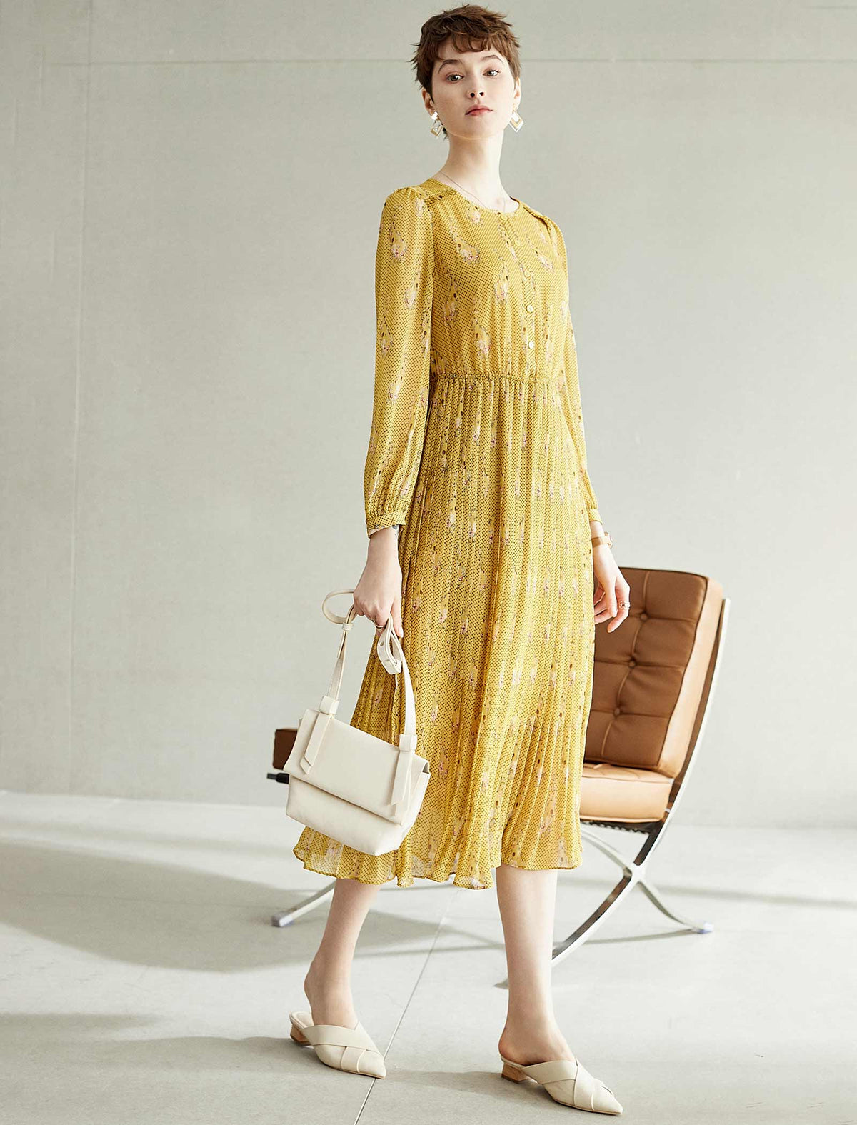 Mustard Yellow Floral Pleated Midi Dress