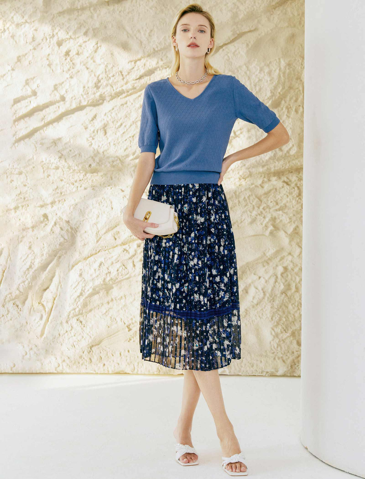 Chiffon Floral Pleated A-Line Skirt