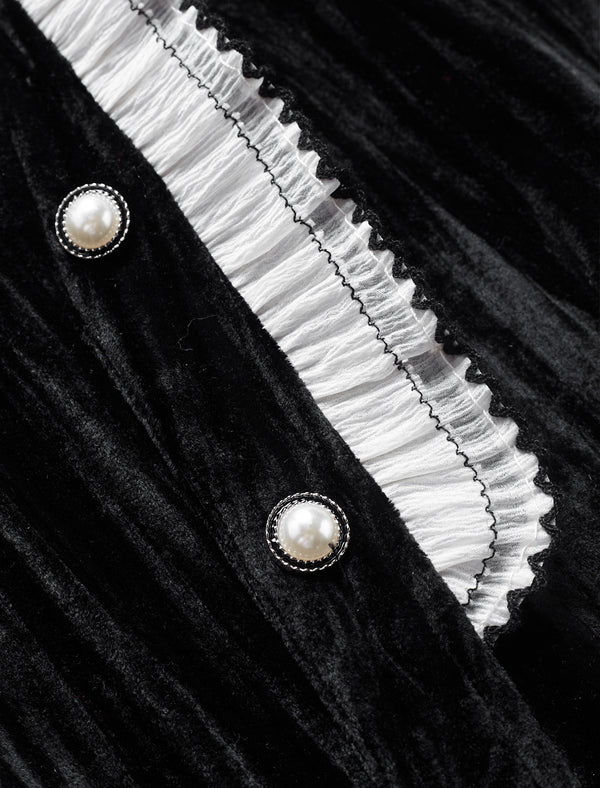 Black Velvet Contrast Trim Midi Dress