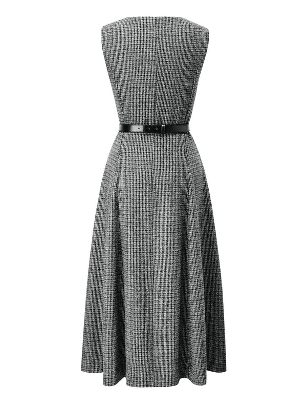 Wool Plaid Round Neck Sleeveless Vintage Midi Dress