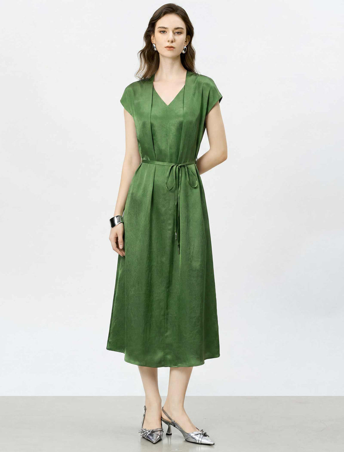 Acetate Satin V-Neck Belted Midi Dress