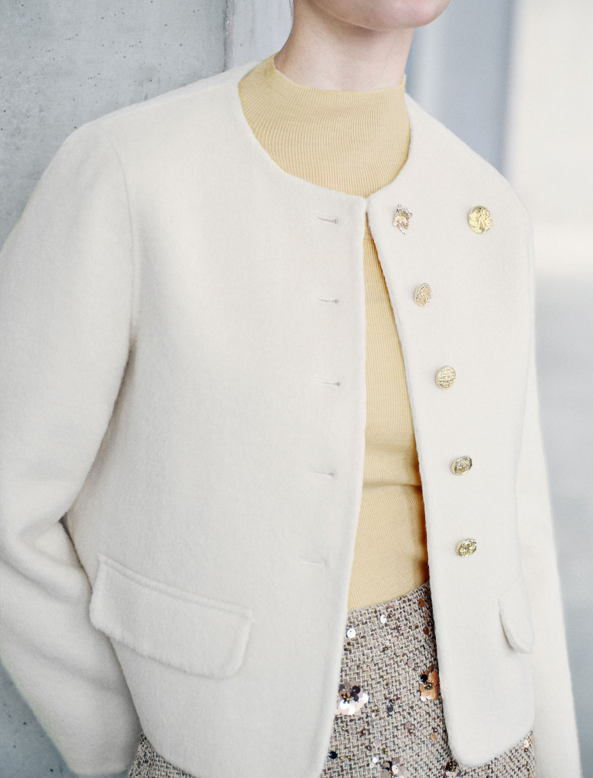 Wool Blend Round Neck Metal Button Cropped Jacket