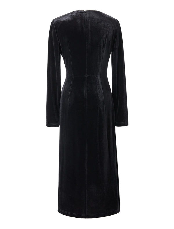 Black Velvet Irregular Hem Long Sleeve Midi Dress