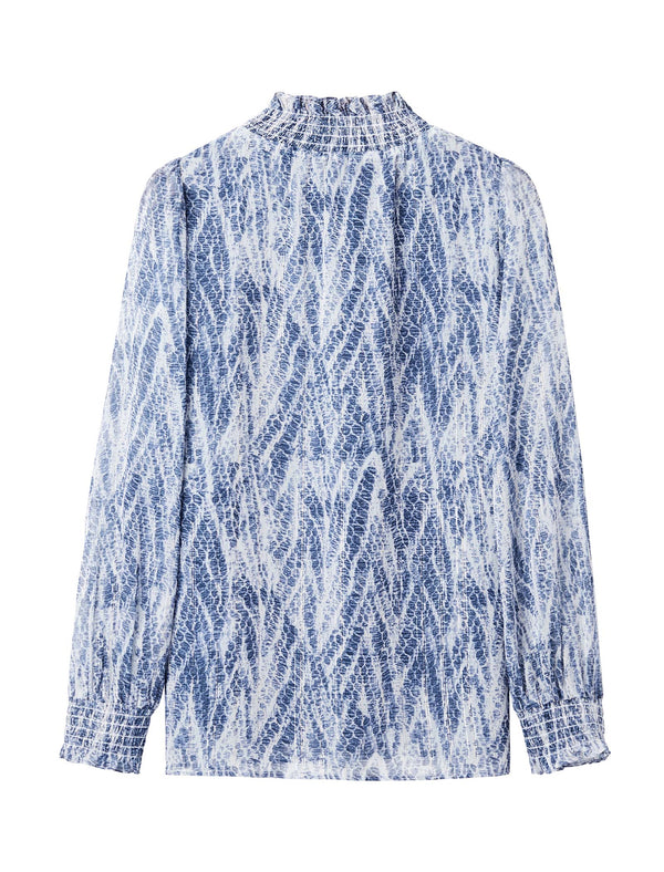 Printed Ruffled Stand Collar Long-Sleeve Blouse