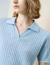 Ribbed Polo‑Collared Knit Short‑Sleeve Top