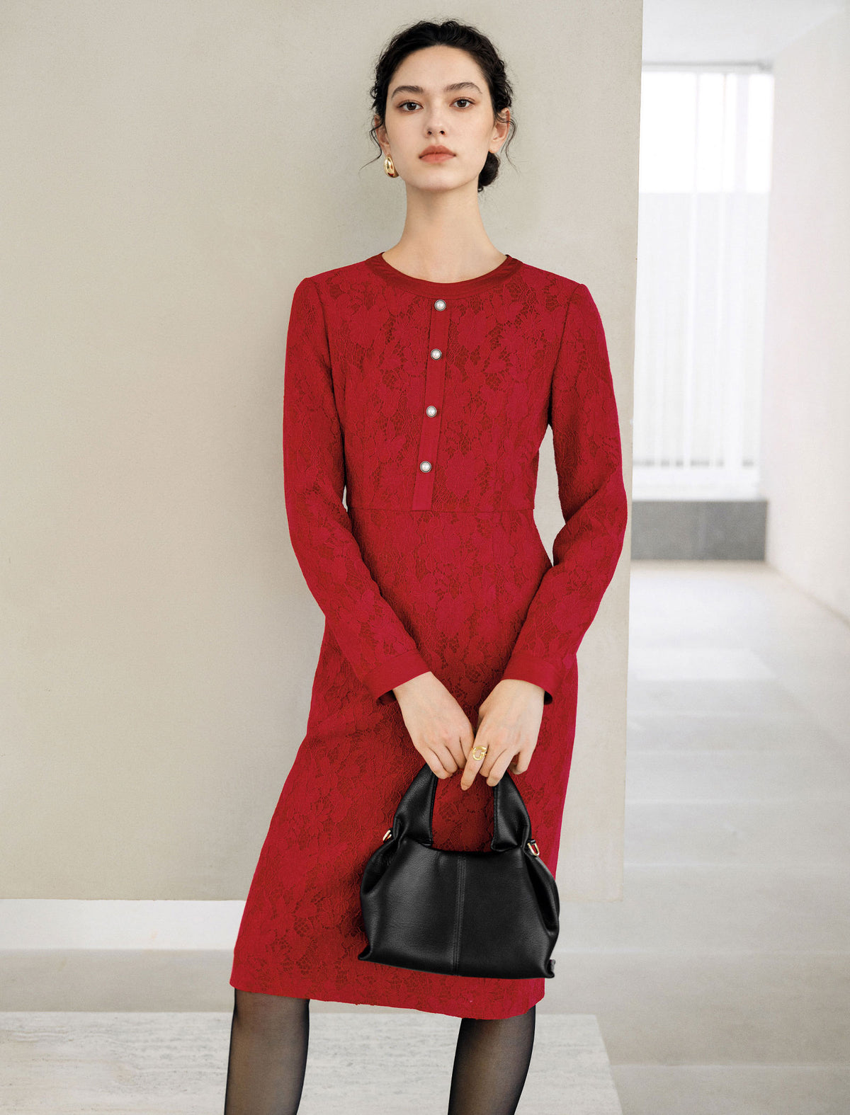 Lace Long Sleeve Fitted Straight-Fit Dress