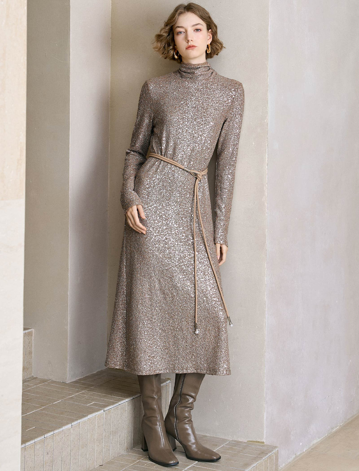 All-Over Sequin Turtleneck Midi Dress
