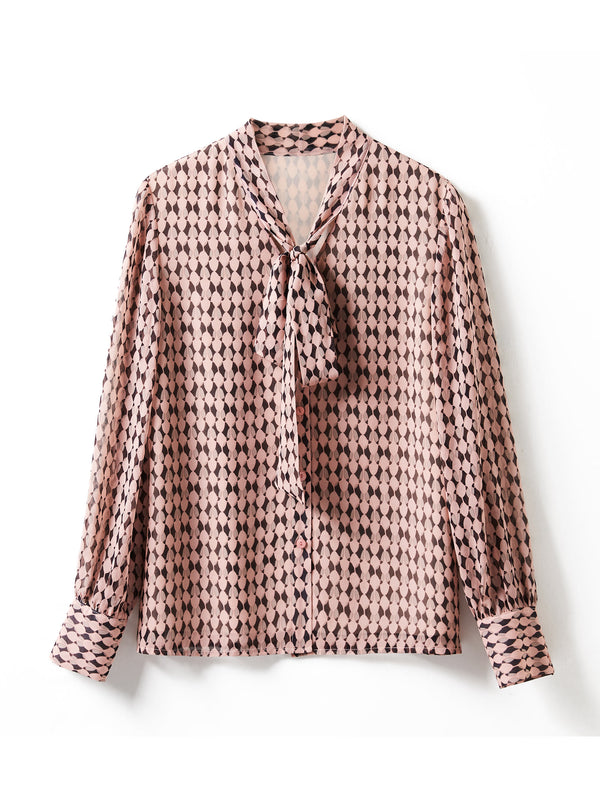 Geometric Print Tie Neck Blouse