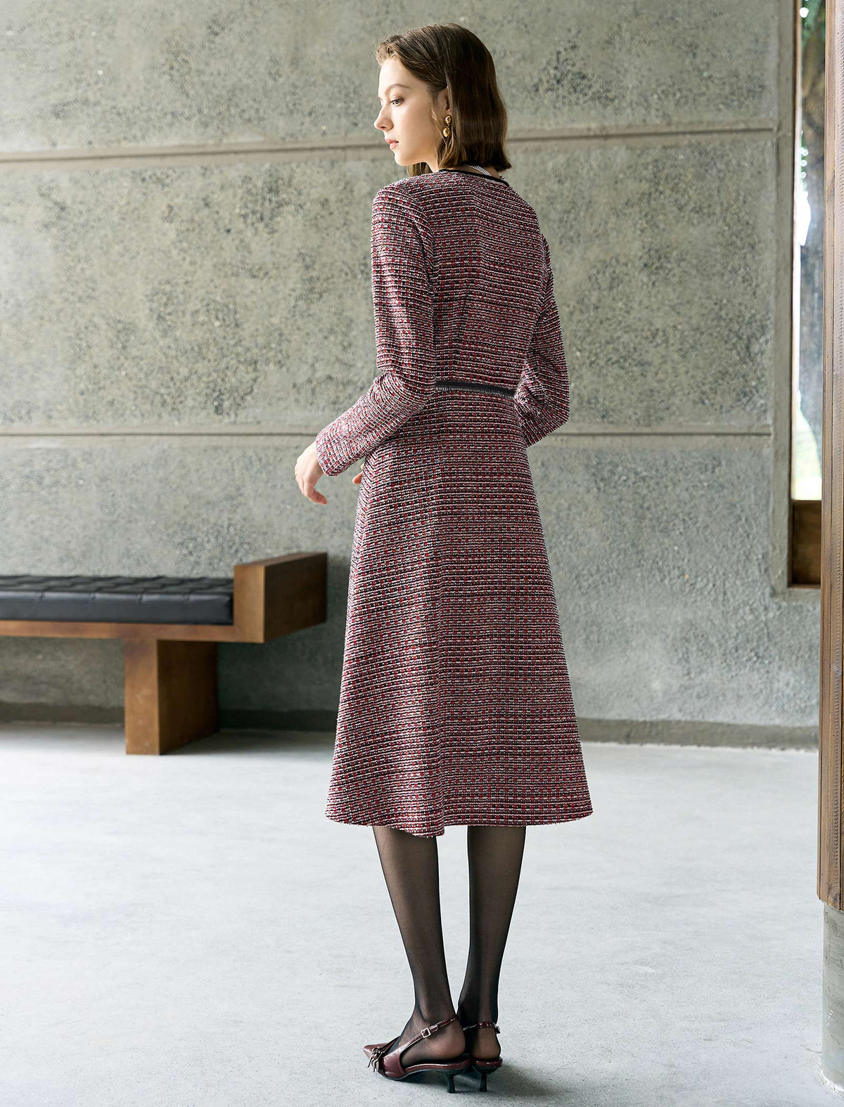 Jacquard Plaid V-Neck Long Sleeve Pearl-Button A-Line Dress
