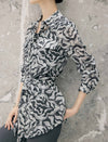 Abstract Floral Print Belted Long Sleeve Blouse