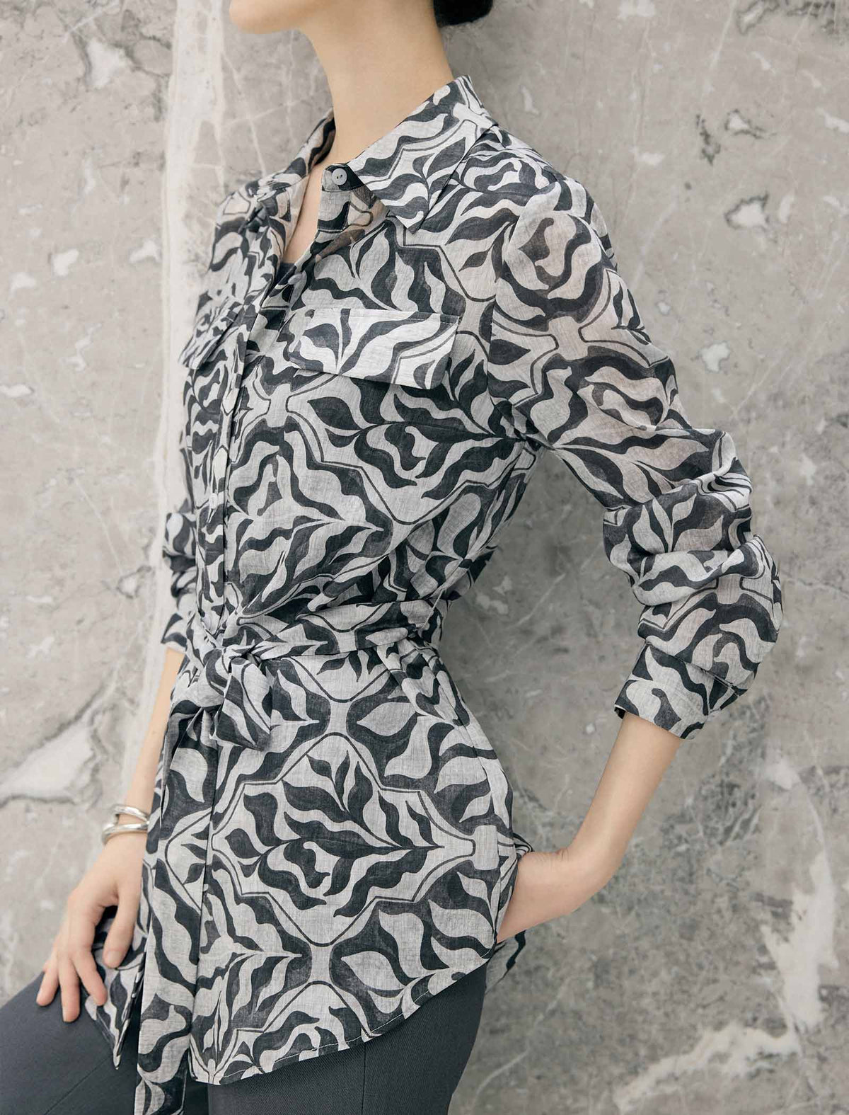 Abstract Floral Print Belted Long Sleeve Blouse
