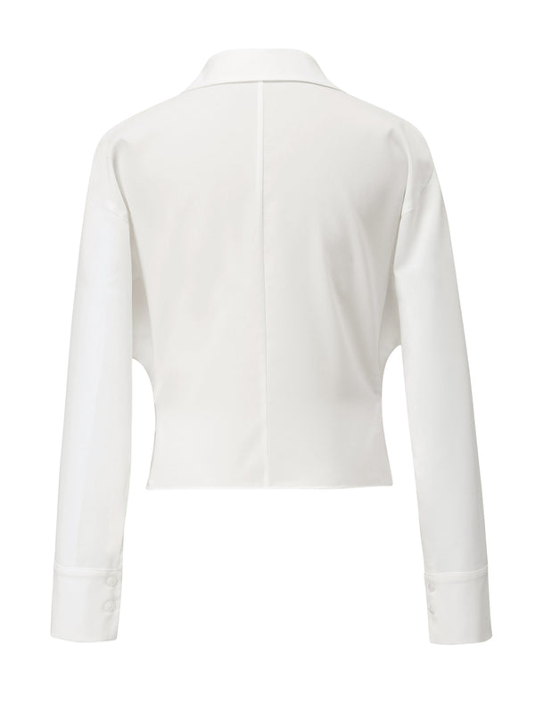 White Polo Collar Cropped Shirt Blouse
