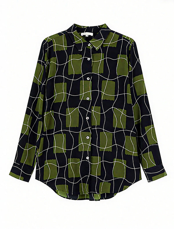 100% Mulberry Silk Green Grid Print Button-Down Shirt