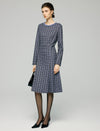 Beaded Crewneck Purple Check Fit Flare Dress