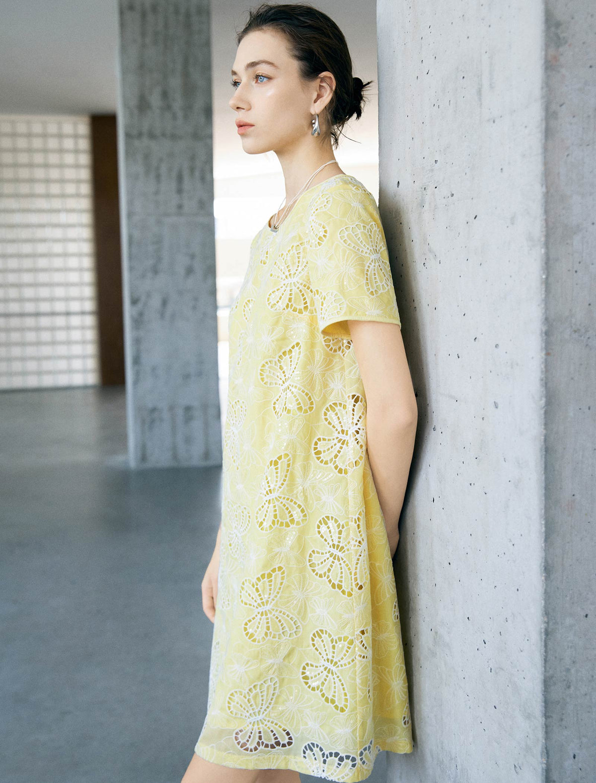 Yellow Butterfly Eyelet Embroidery Short Sleeve Shift Mini Dress