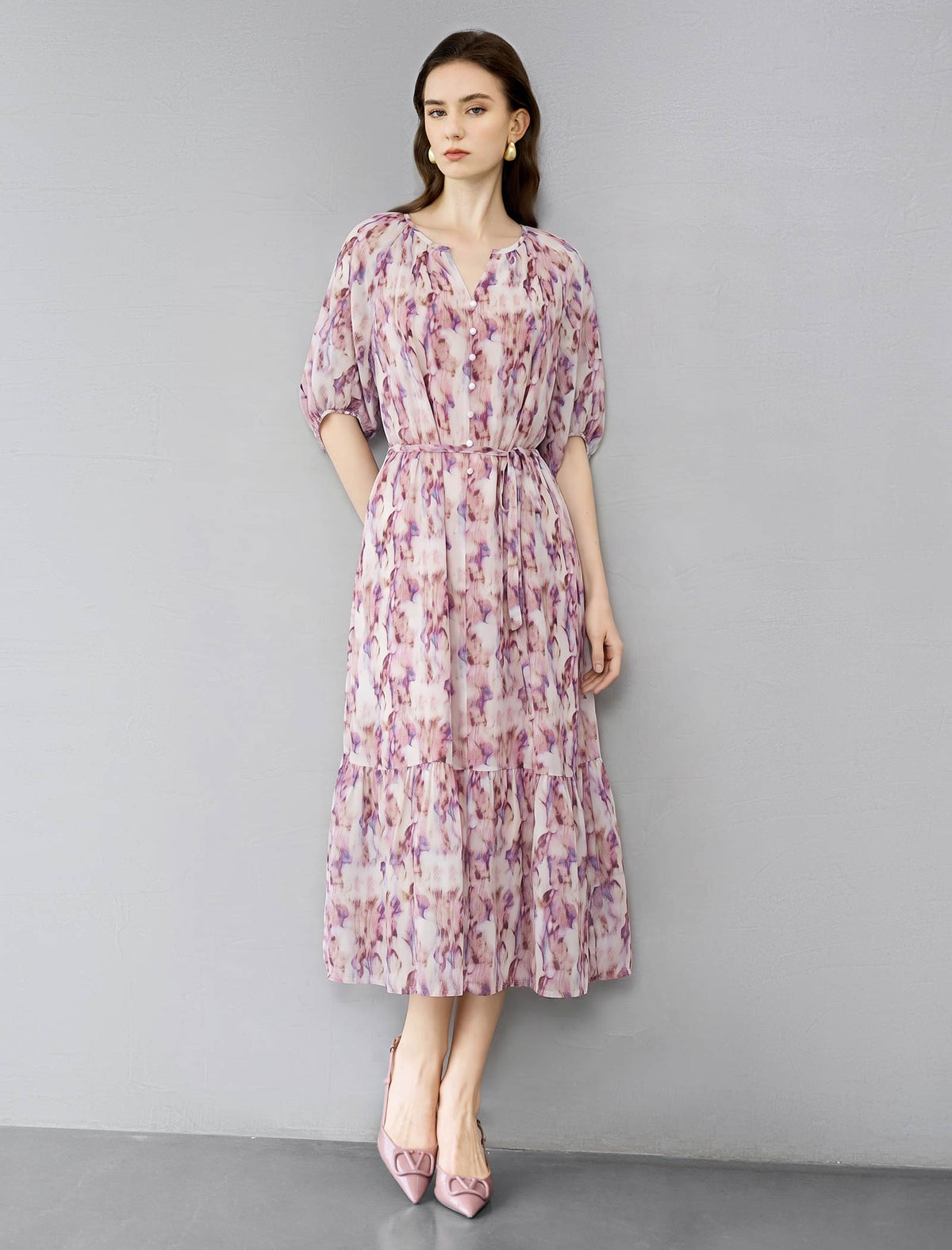 Watercolor Print Tiered Midi Dress