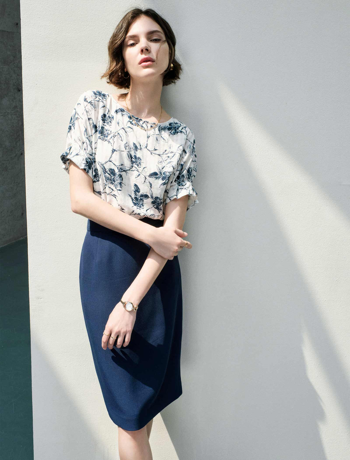 Crew Neck Printed Short Sleeve Chiffon Top