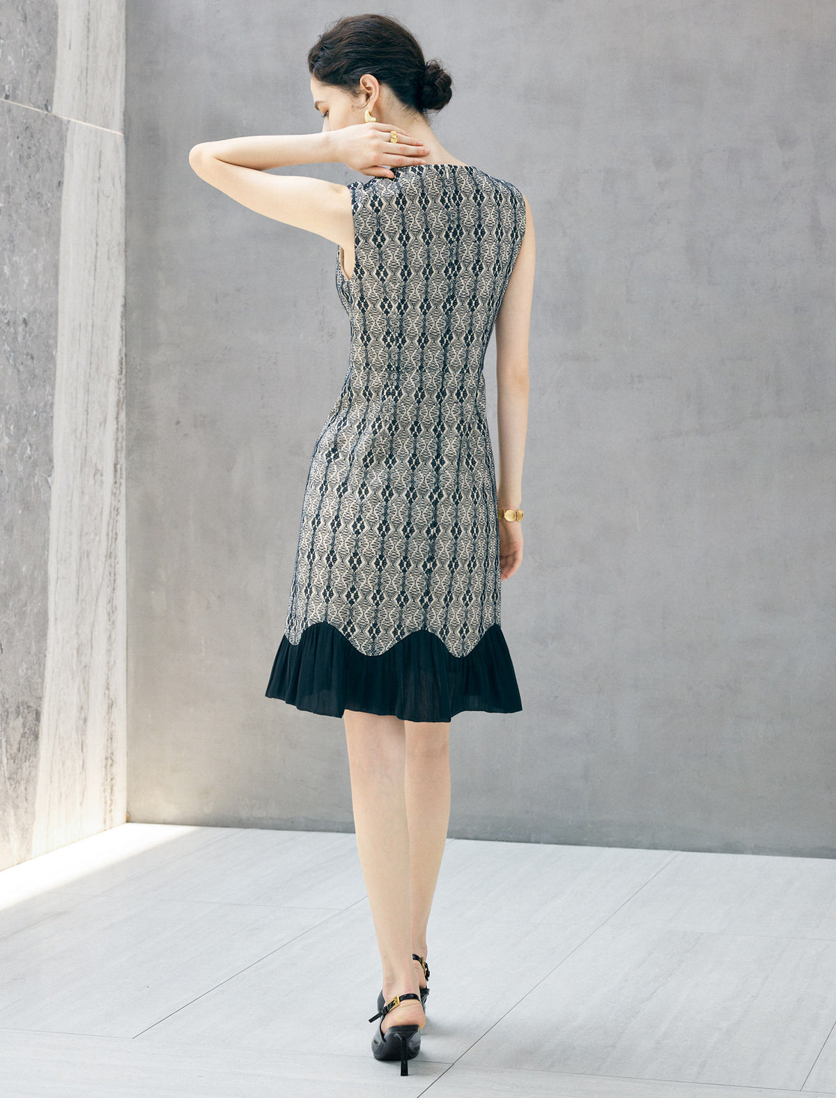 Beaded Crewneck Textured Sleeveless Flounce Hem Dress