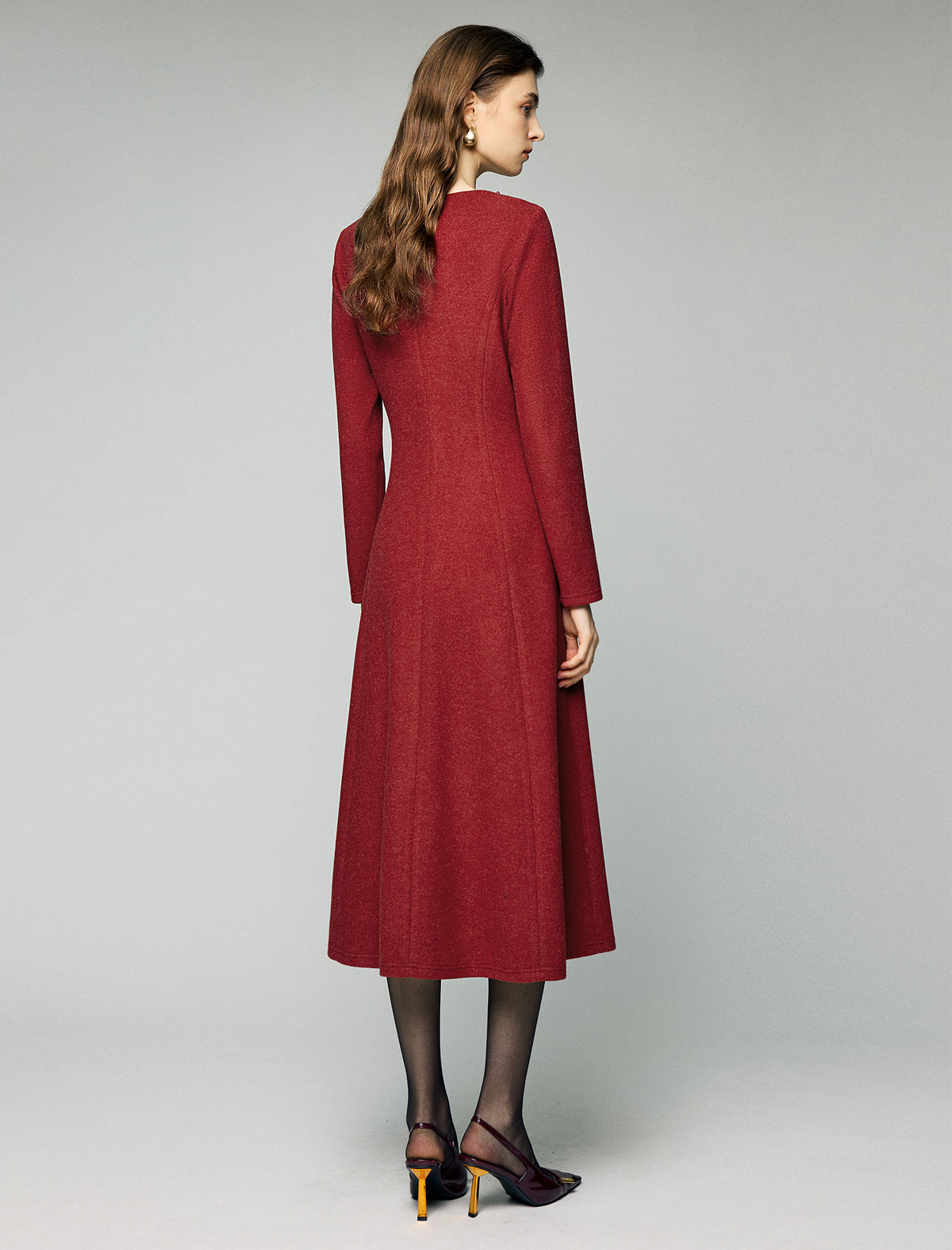 Wool Blend Beaded Crewneck Long Sleeve A-Line Midi Dress