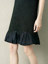 Black Tweed Wool-Blend Ruffle Hem Sleeveless Shift Dress