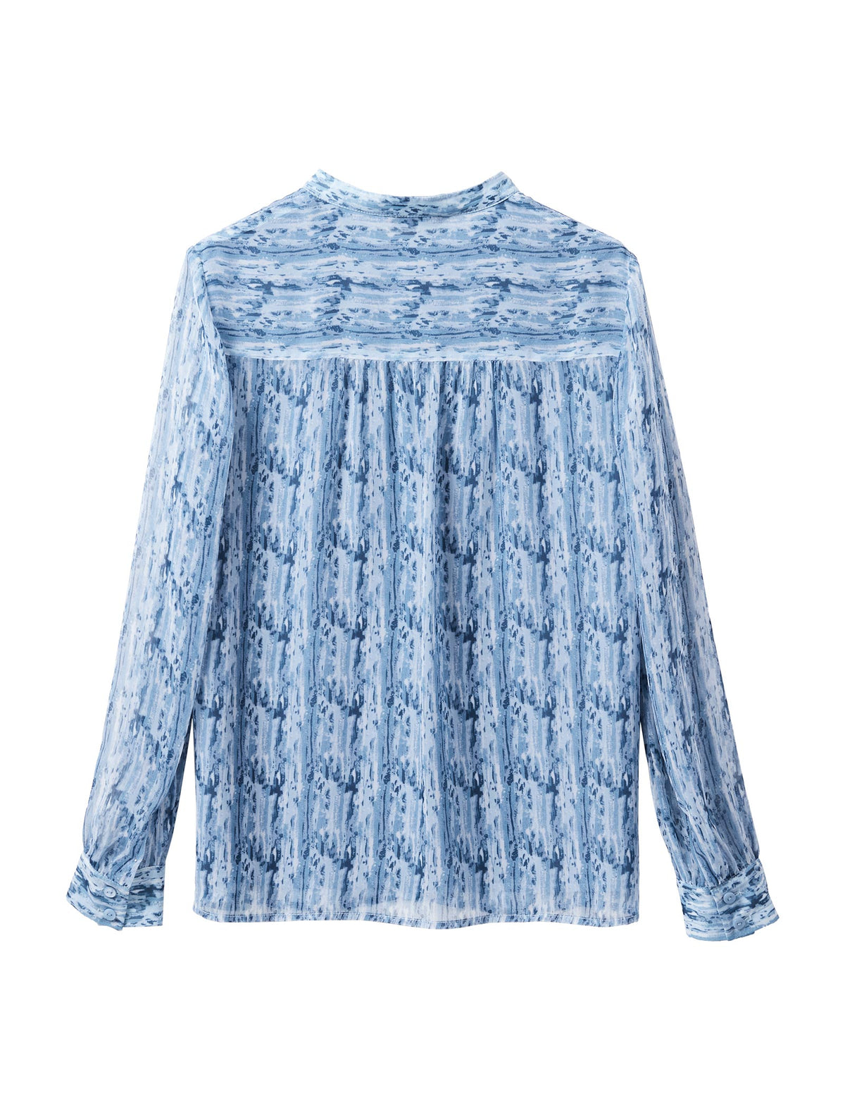 Blue Floral Stand Collar Chiffon Long-Sleeve Blouse