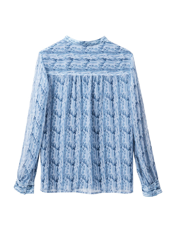 Blue Floral Stand Collar Chiffon Long-Sleeve Blouse