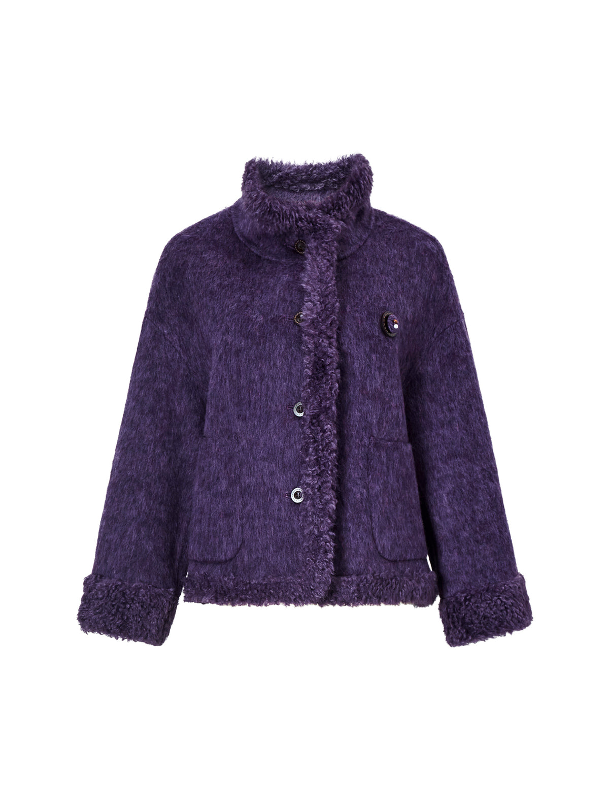 Wool Blend Contrast-Trim Button-Front Cropped Jacket