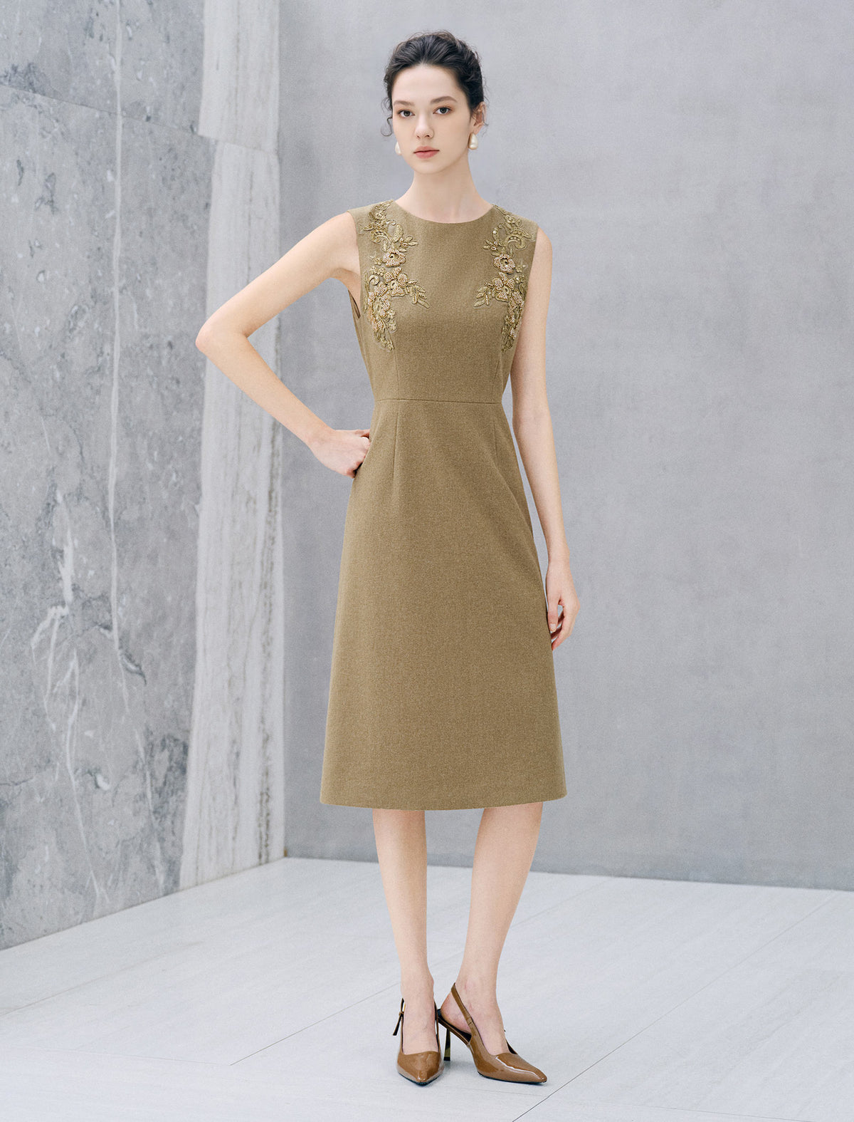 Wool Blend Embroidered Sleeveless Midi Dress