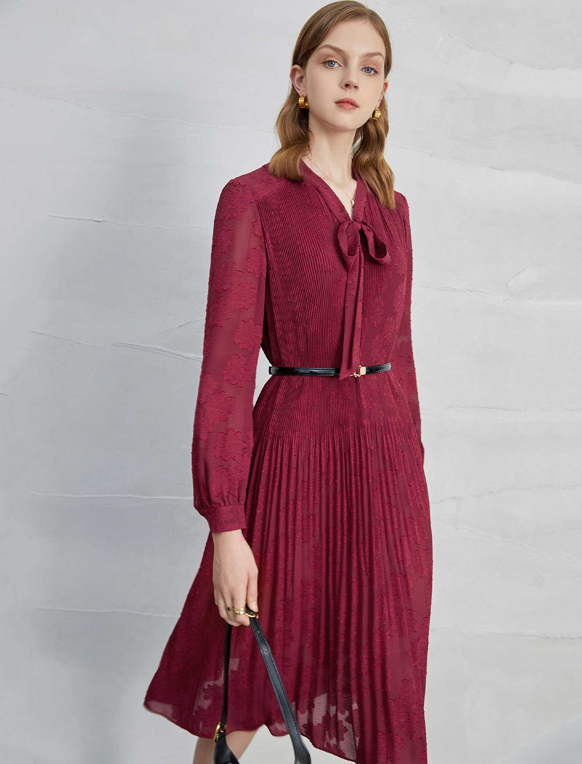 Burgundy Pleated Tie Neck Midi Dress