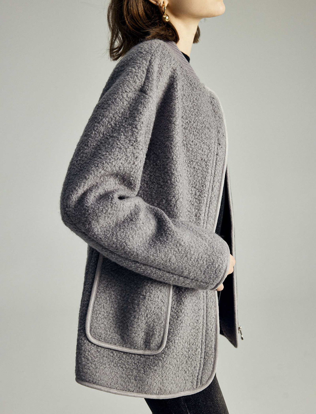 Wool-Blend Pocket Detail Bomber Jacket