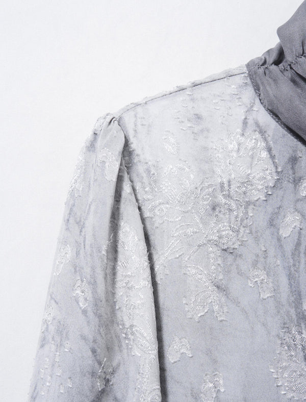 Floral Jacquard Scarf Detail Puff Sleeve Blouse