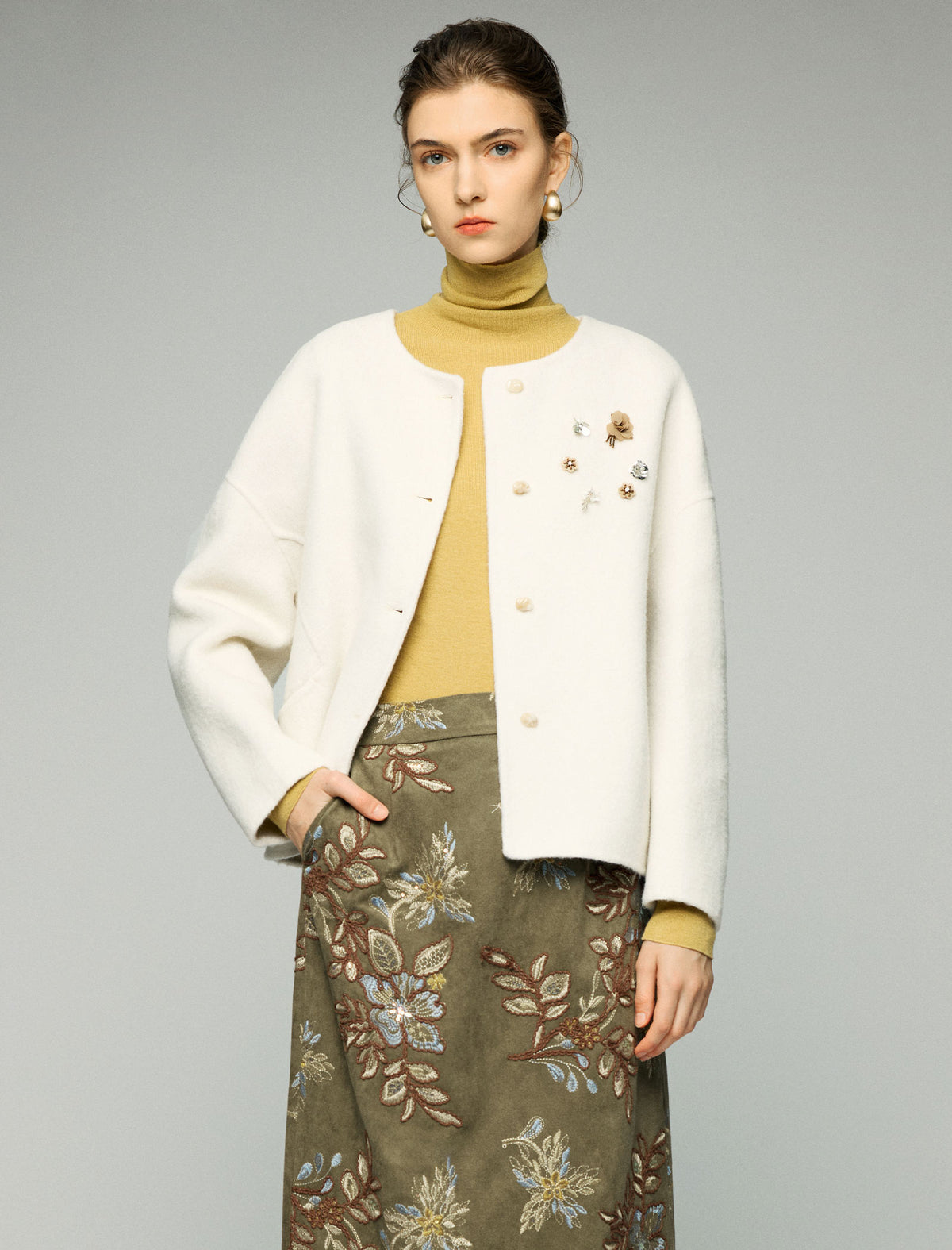Wool Blend Beaded Floral Applique Crewneck Cropped Jacket