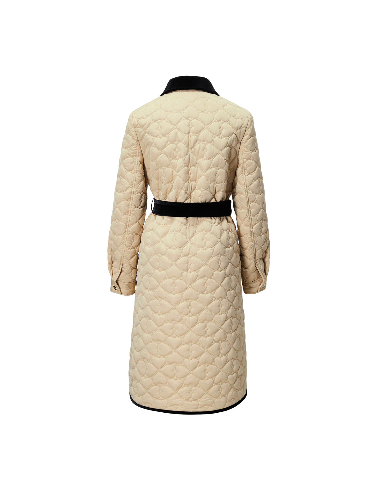 Velvet-Trim Collared Button-Front Belted Quilted Coat