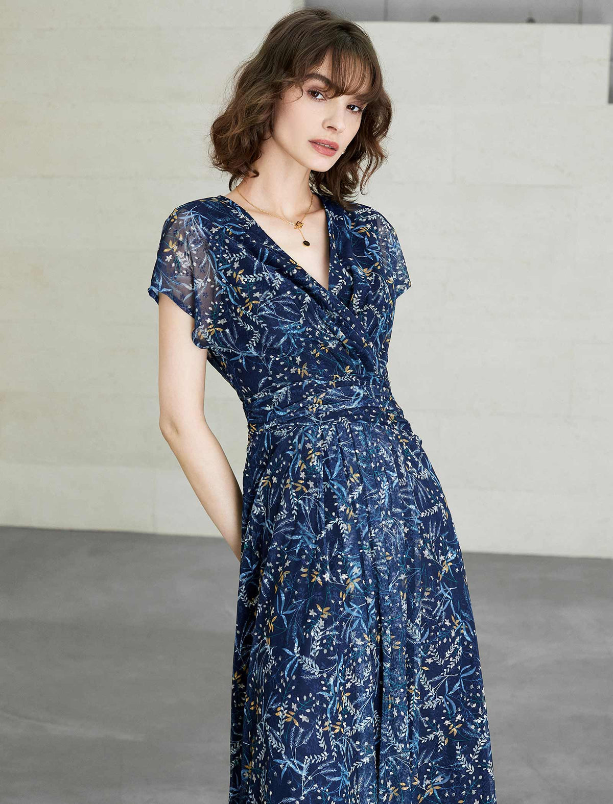 V-Neck Floral Waist-Cinched Dress