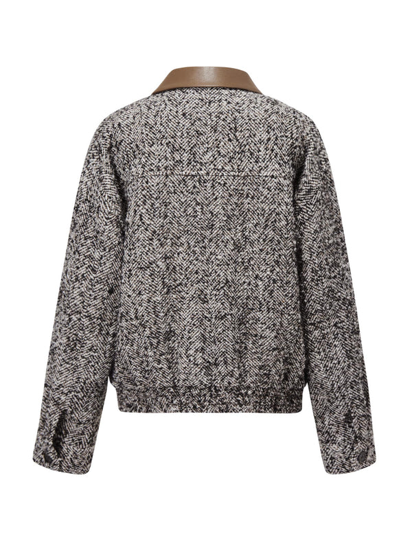 Tweed Wool-Blend Leather Collar Jacket