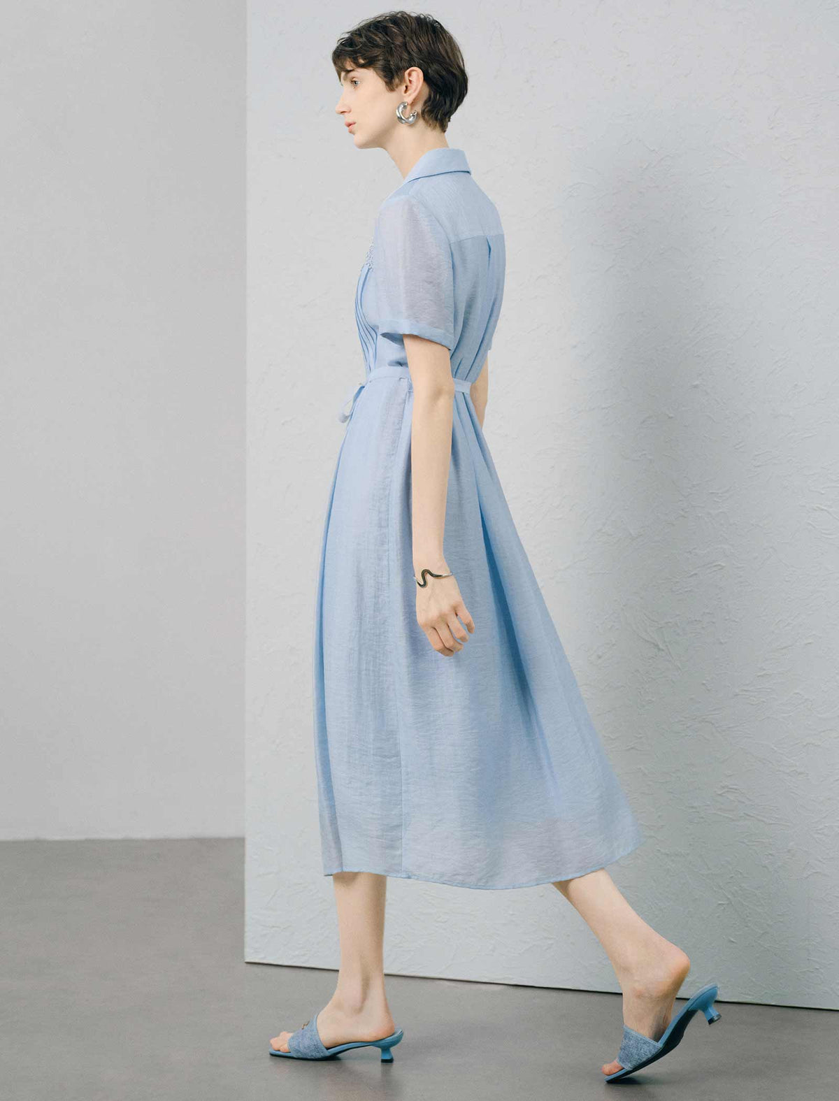 Light Blue Tencel Linen Blend Lace-Trimmed Shirt Midi Dress