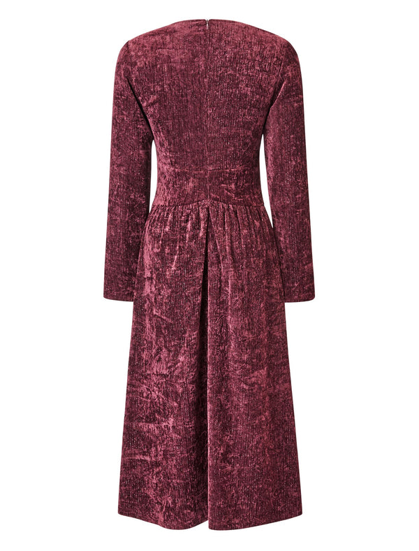 Red Velvet Belted Long-Sleeve Midi Dress