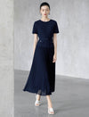 Navy Solid Pleated Midi Skirt