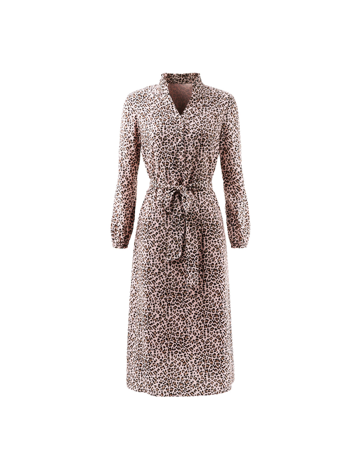 Leopard Print Long Sleeve Belted Fitted Dress