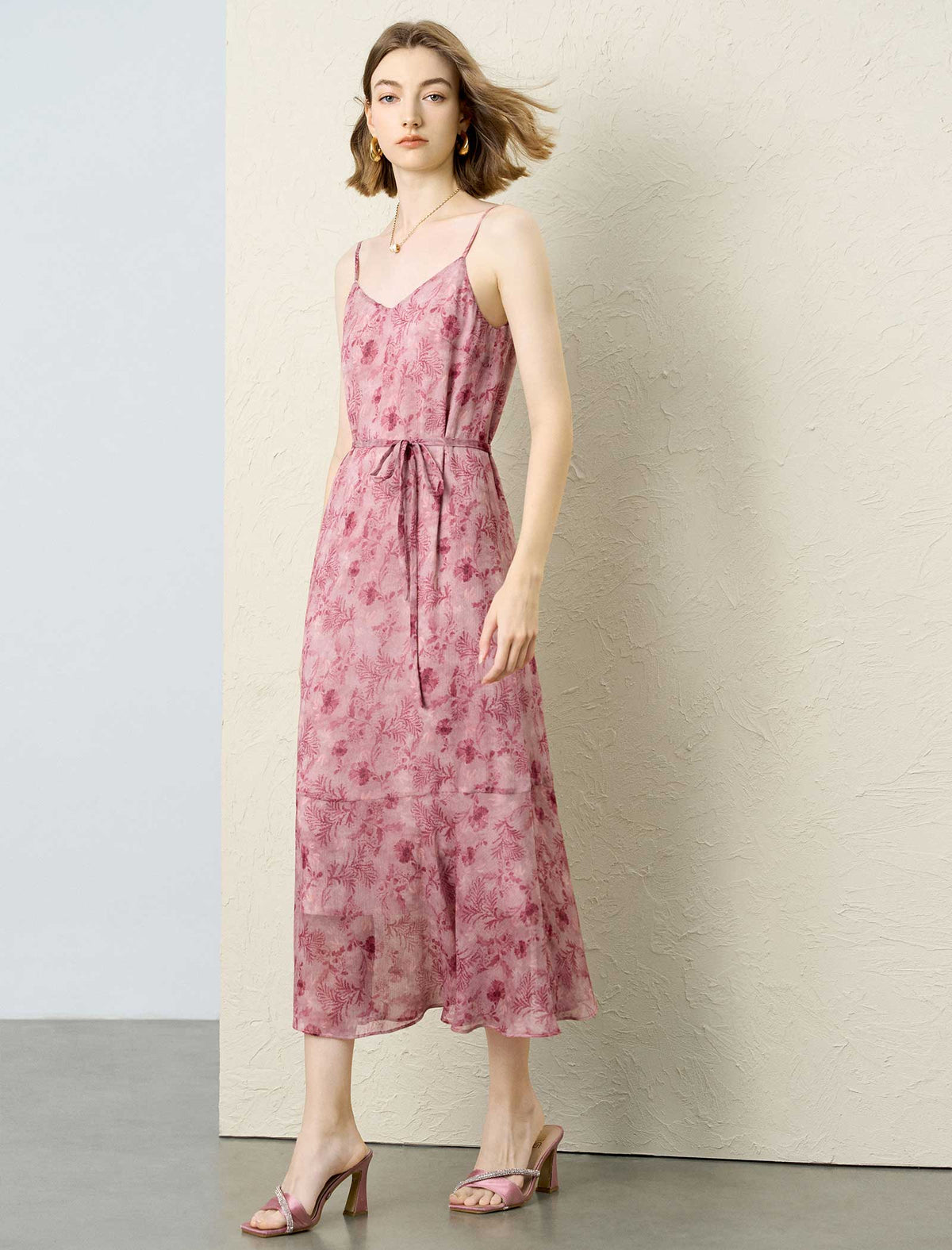 Dusty Pink Floral Print Adjustable Strap Tie Waist Midi Slip Dress