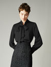 Satin Bow‑Tie Stand‑Collar Long‑Sleeve Blouse
