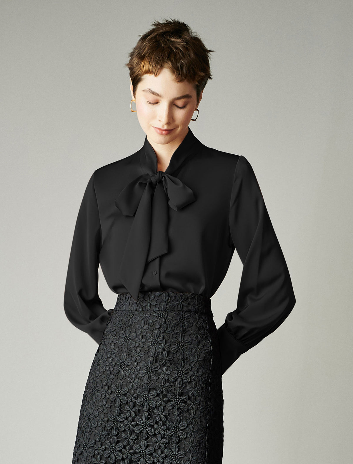Satin Bow‑Tie Stand‑Collar Long‑Sleeve Blouse
