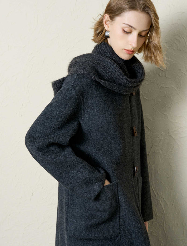 Wool-Tencel Blend Removable Knit Hooded Scarf Long Coat