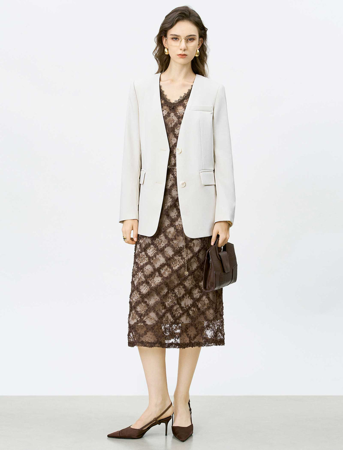 Brown Lace Embroidered Midi Dress