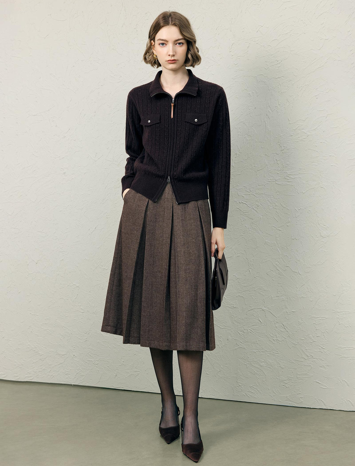 Wool Blend High-Waist Accordion-Pleated A-Line Midi Skirt