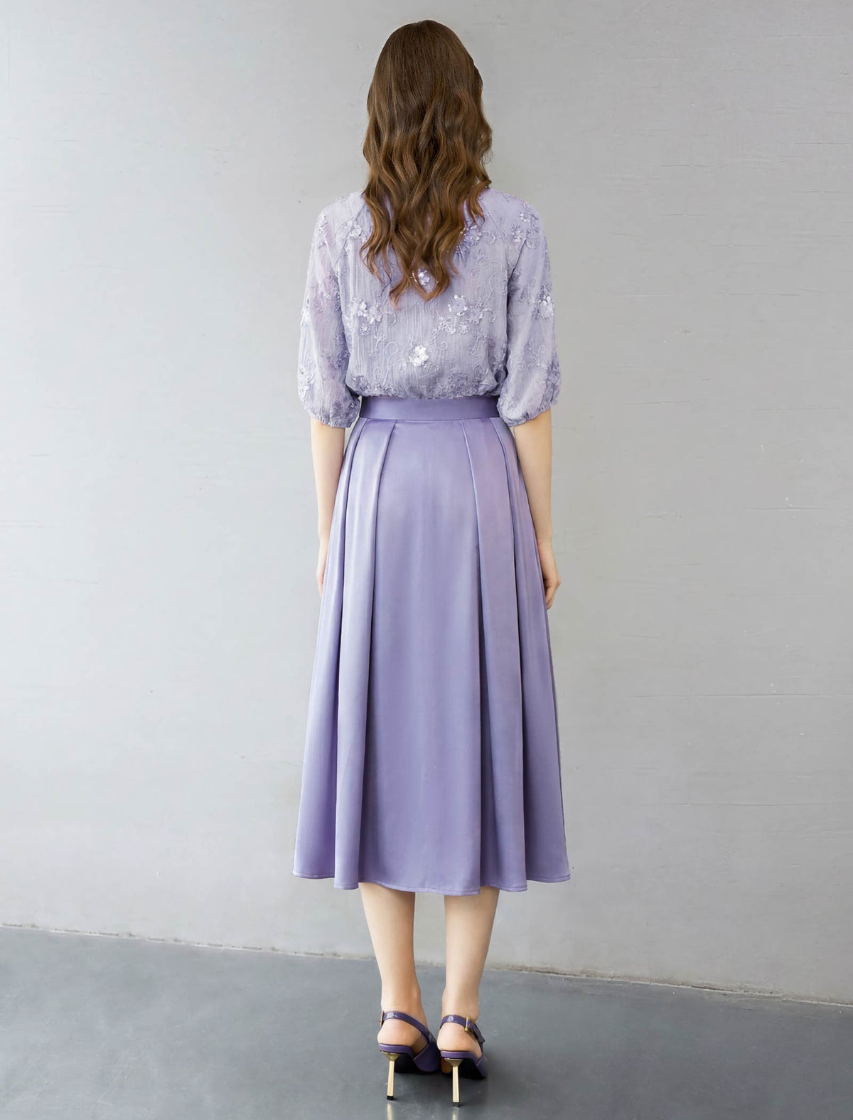 Lavender Floral Embroidery Puff Sleeve Sheer Blouse