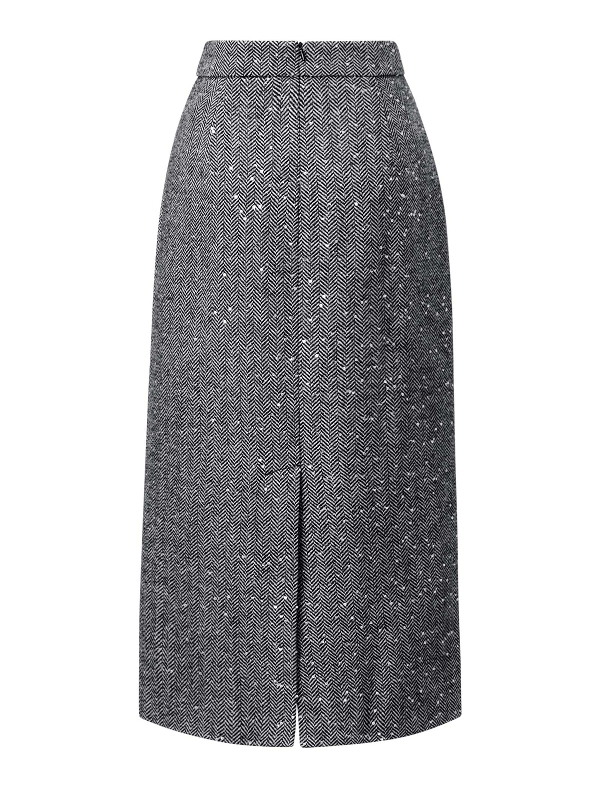 Gray Herringbone Wool-Blend Tweed Midi Skirt